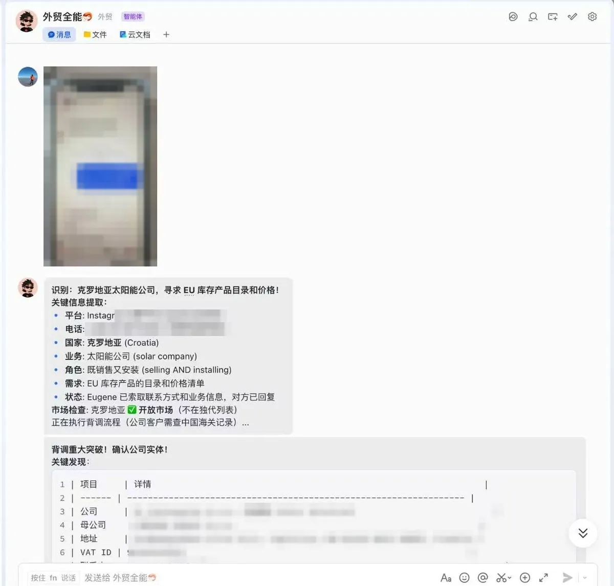 飞书机器人从客户聊天截图中识别出平台、电话、国家、业务、角色、需求和沟通状态，并完成市场检查和背调